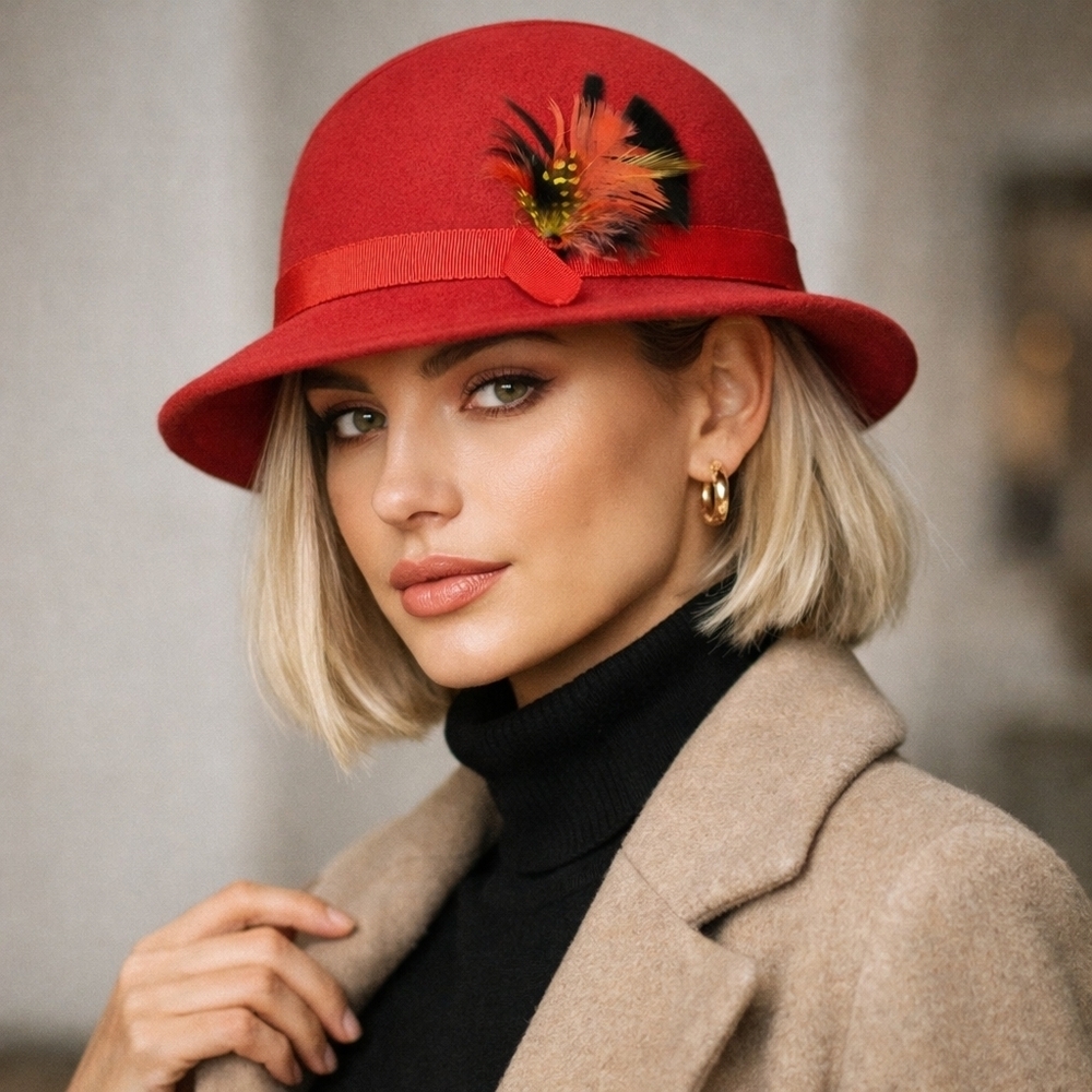 Geo. W. Bollman Hat Co. (USA) Vintage Red Wool Felt Derby Hat Feather Accent - Picture 6 of 6
